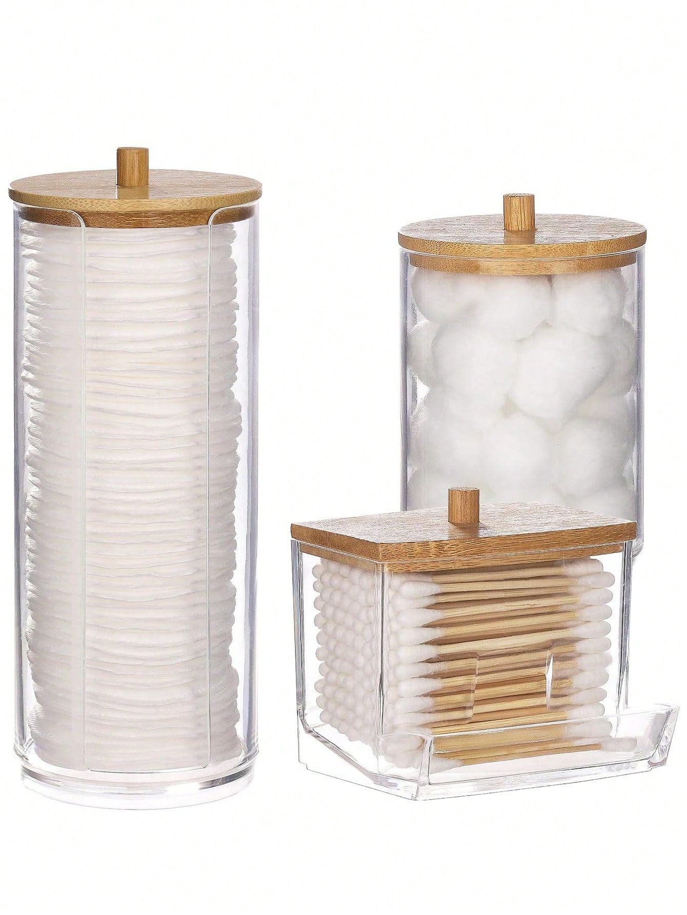 1Pc/3Pcs Ball-Shaped Dispenser, round Mat, Dental Floss Transparent Plastic Bottle Set, Bathroom Can Storage Box, Dressing Table Cosmetic Organizer with Wood Lid