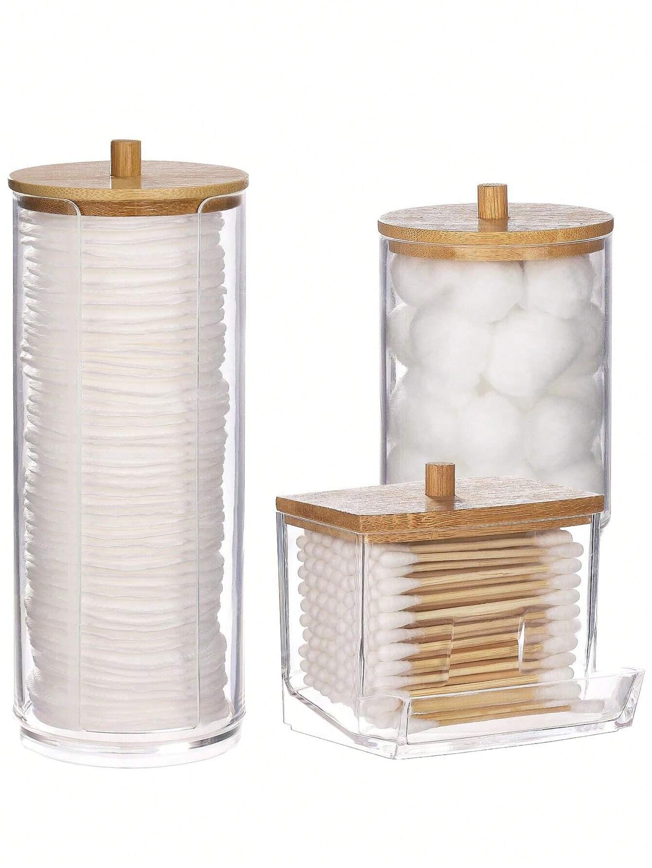 1Pc/3Pcs Ball-Shaped Dispenser, round Mat, Dental Floss Transparent Plastic Bottle Set, Bathroom Can Storage Box, Dressing Table Cosmetic Organizer with Wood Lid