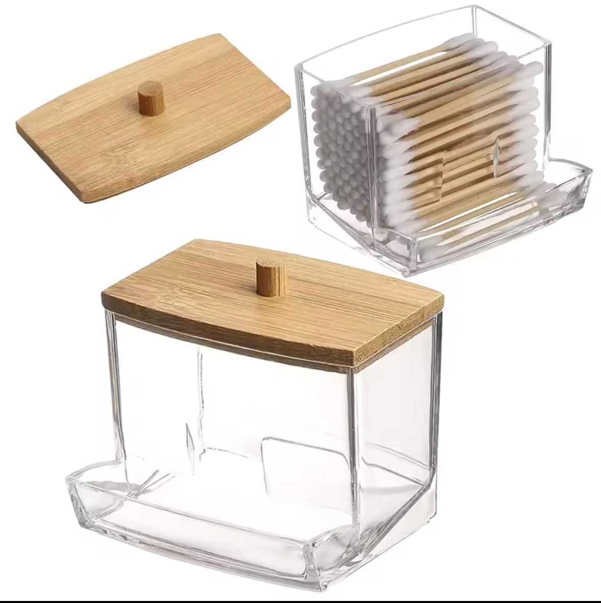 1Pc/3Pcs Ball-Shaped Dispenser, round Mat, Dental Floss Transparent Plastic Bottle Set, Bathroom Can Storage Box, Dressing Table Cosmetic Organizer with Wood Lid